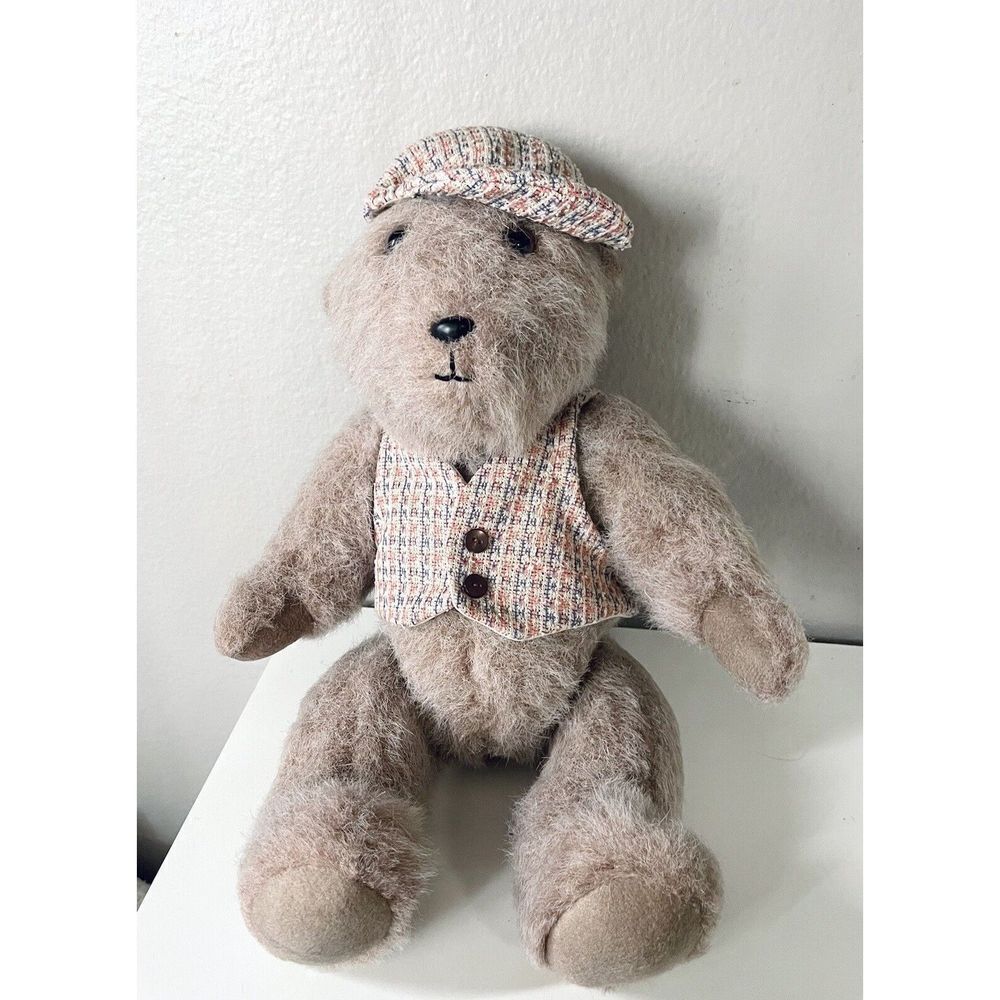 Vintage Rare Jointed Teddy Bear With Ascot Cap‎ Stuffed Animal Plush